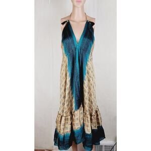 All About Audrey vintage green and gold silk tie back midi dress forest fairy